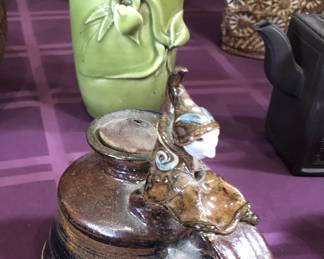 Detail of studio pottery lantern + Bev Freeburg vase