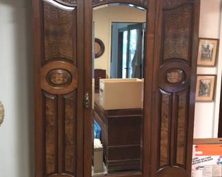 Gorgeous antique armoire with burl wood & marquetry (46"W, 20"D, 90"H)