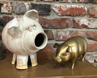 Pigs on parade - studio pottery & brass banks (brass is 11” long)