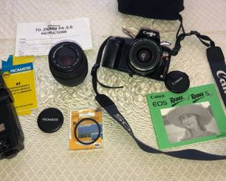 Canon EOS Rebel S camera, Promaster 5600 flash, Promaster Spectrum 7 lens