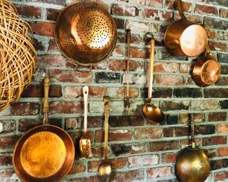 Copper cookware, colander & utensils - mostly plated
