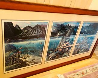 Triptych print of Hawaiian sea-life by Robert Lynn Nelson, 1987-88, signed edition of 400, framed 39" x75"