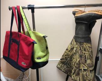 Tote bags, clothes rack, camo hip waders