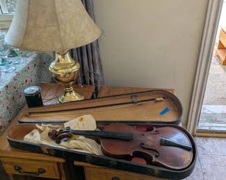 Vintage violin and solid oak end tables