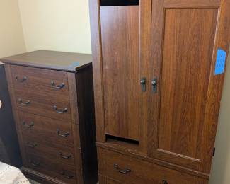 Matching 3-piece bedroom set with dresser, mirror, chest, and armoire, priced with broken door in mind.
