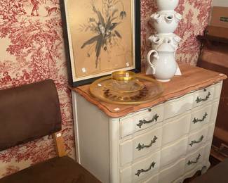 Pair of Antique painted french provincial chests made of cherry wood, Permacraft, Sanford Furniture Co, NC AND Ceramic Tulip Vase made in Italy