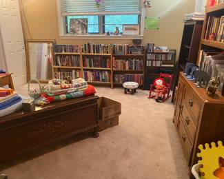 75 linear feet of books, childrens books and toys, mirror