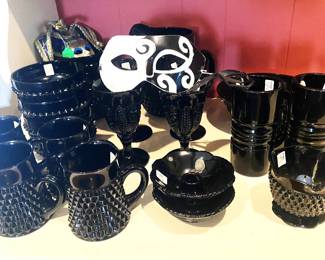 Black Tiaraware including pitcher, goblets, serving pieces, mugs, bowls
