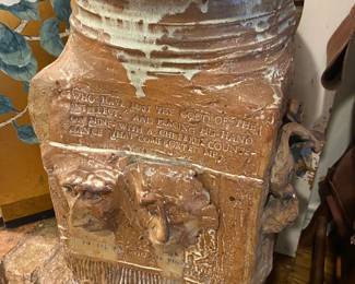 Large pottery stoneware vessel, hHandmade by student at Boston College in early 1970s, Dantes Inferno