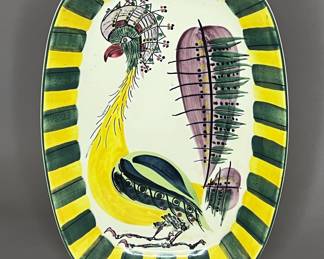 Mid Century Modern Royal Copenhagen Fajance Peacock Bird Pottery Platter, Denmark