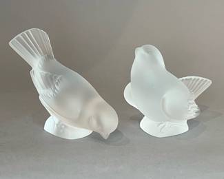 Two Rene Lalique Frosted Crystal Sparrow Figurines