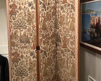 Tall Upholstered Tapestry Screens, two available