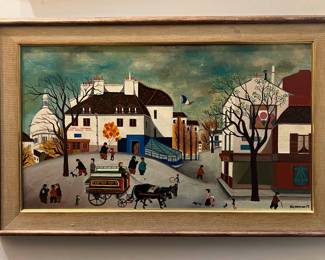 Folk Art Style Oil on Canvas by Bin Kashiwa (Japanese 1944-2023)
