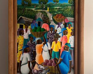Haitian Folk Art Painting Oil on Canvas Signed Edgard Bouzy