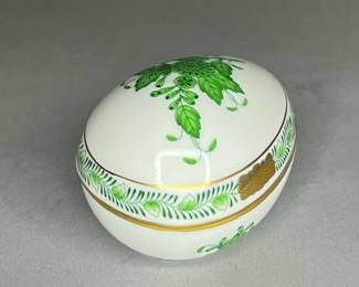 Herend Hand Painted Porcelain “Chinese Green Bouquet” Egg Trinket Box