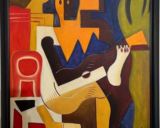 Oil on Canvas Cubist Painting “Harlequin with Guitar” After Juan Gris, Signed Brent
