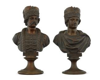 1298 Two Russian bronze busts of Simeon and Grand Duke Mstislav 1867 & 1868 After Fedor Solntzev (1801-1892) Each with Cyrillic dated Chopin foundry mark verso and name recto 2 pieces Simeon: 10.5" H x 5.75" W x 3.875" D; Mstislav: 6" W x 3.875" D Estimate: $3,000 - $5,000