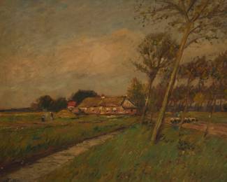 1172 Pierre Eugene de Montezin (1874-1946) A farmhouse, sheep, and figures Oil on canvas Signed lower left: P Montezin 18.125" H x 22" W Estimate: $2,000 - $3,000