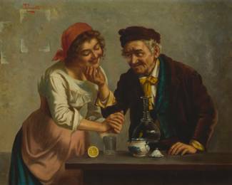 1262 Jules Zermati (1880-1920) "Tavern Flirtation" Oil on canvas laid to canvas Signed upper left: J. Zermati; titled by repute 17.75" H x 23" W Estimate: $300 - $500