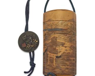 1300 A Japanese lacquered inro 19th century Signed to underside The four-compartment storage box decorated with a seaside village landscape, with shakudo button netsuke depicting a mythical figure cooking on a hibachi, possibly Kojin Inro: 3.75" H x 1.875" W x 1.125" D; Netsuke/button: 1.25" Dia. Estimate: $700 - $900