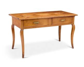 1052 A Louis XV provincial fruitwood desk Mid-18th century The two drawers with later brass pulls, with pull slide, raised on cabriole legs 30" H x 51.5" W x 25.25" D Estimate: $600 - $800