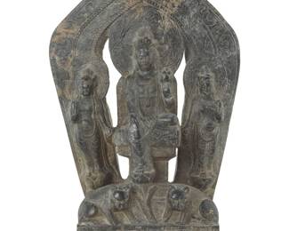 1163 A Chinese Northern Qi style carved stone stele 20th century or earlier With incised inscription to base verso Depicting three deities and two auspicious beasts recto above an incised figural frieze to base, verso depicting a single deity 21.25" H x 12.75" W x 6" D Estimate: $500 - $700