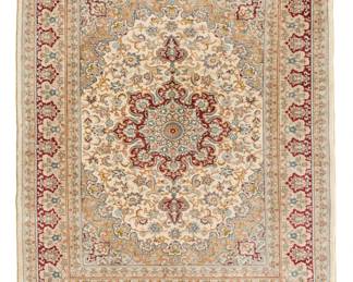 1340 A Turkish silk rug Mid-20th century Mounted to a cloth-clad wood backing within an acrylic box frame Rug: 3' 4.5" L x 2' 7.5" W Estimate: $500 - $700