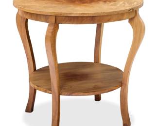 1118 A Contemporary Koa wood side table Late 20th century Raised on cabriole legs with an undertier 30" H x 34.25" Dia. Estimate: $800 - $1,000