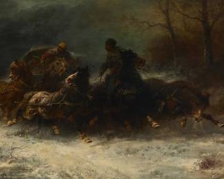 1090 Adolf Schreyer (1828-1899) "Hunted by Wolves" Oil on canvas laid to canvas Signed lower right: Ad Schreyer; titled by repute 36" H x 63" W Estimate: $6,000 - $8,000