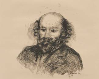 1329 Pierre Auguste Renoir (1841-1919) "Paul Cèzanne," circa 1902 Lithograph on Japan paper From the edition of 100 With the artist's printed signature in the image; Auguste Clot, Paris, France, prntr.; Ambroise Vollard, Paris, France, pub. Image: 11.5" H x 9.5" W; Sheet: 23" H x 18.325" W Estimate: $1,500 - $2,500