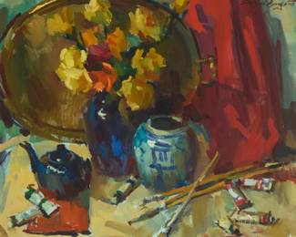 1019 Sergei Bongart (1918-1985) Still life with blue and white jar, paint tubes and brushes Oil on canvas Signed upper right: Sergei Bongart 30" H x 36" W Estimate: $1,000 - $1,500