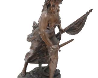 1279 A French allegorical bronze figure of a woman: Aux Armes After a model by Jean-Baptiste Lemoyne II (1704-1778), late 19th century Signed and titled in the casting: lemoyne / AUX ARMES Representing Liberty, wearing a thin dress, with one breast revealed, shouting while carrying a sword and a flag 29.25" H x 23.25" W x 17" D Estimate: $2,000 - $3,000