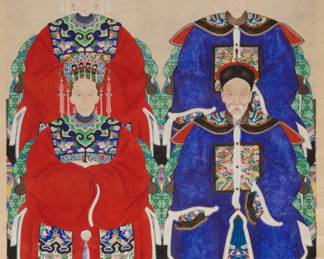 1041 A 19th century Chinese group ancestor portrait Pigment and gold on paper mounted to fabric and with wooden dowels Appears unsigned; inscribed in blue pigment near the lower edge, verso: G Image/Sheet: 37.5" H x 54.5" W; Overall: 66" H x 40" W x 1.25" (Dia. of dowel) Estimate: $1,200 - $1,800