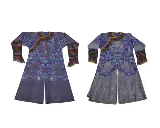 1357 Two Chinese blue silk Dragon robes Late Qing dynasty or later The two robes, each in blue silk multicolored brocade with dragon motifs, including one with gilt metal thread brocade, and one with silver-tone metal thread brocade, each featuring multiple dragons with clouds and auspicious symbols, with waves and deep water designs to edges, and with striped fabric sleeves with multicolor brocade 'horse-hoof' cuffs, inner side brocade panel with a dragon motif, side fastenings and split center seams at front and back 2 pieces Gold robe: 52" H x 23.5" W at underarms; sleeve cuff to collar: 38.5" Silver robe: 54.5" H x 24" W; sleeve cuff to collar: 35" L Estimate: $600 - $800