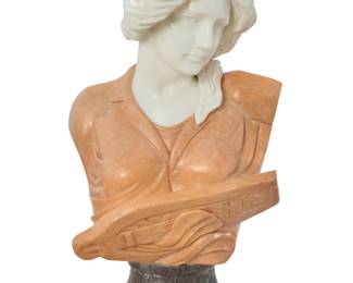 1288 A carved marble bust of a maiden Late 20th/early 21st century Unmarked Depicted with a lyre, raised on a marble socle 30" H x 15" W x 12" D Estimate: $800 - $1,200