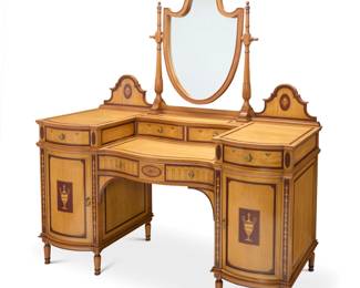 1384 A Provasi 'Citronnier' vanity Late 20th century With metal tag verso: PROVASI / Designers & Manufacturers of Classical Furniture / MADE IN ITALY Satinwood with marquetry inlay designed with a swivel mirror and stepped surfaces set with an arrangement of five short drawers over two locking cabinets fitted with four pull-out shelves and one fixed shelf 69.5" H x 59.5" W x 25.75" D Estimate: $600 - $800
