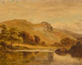 1178 Robert Gallon (1845-1925) "Castle Rock, Lledr Valley" (North Wales), 1878 Oil on canvas Signed and dated lower left: R. Gallon 1878; titled from a hand-lettered caption added (presumably in another hand) along the lower portion of the frame; inscribed in ink on the stretcher, possibly in the artist's own hand, "Castle Rock fro. William Williams' hool / Lledr Valley" 14" H x 20" W Estimate: $800 - $1,200