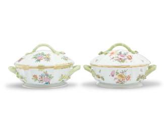 1283 Two Herend porcelain 'Queen Victoria' and 'Bouquet of Flowers' tureens 20th century Each with blue printed factory mark above painted shape number and pattern: 1086 / [BHR or VBO] Comprising one in the 'Queen Victoria' pattern and one in the 'Bouquet of Flowers' pattern 2 pieces Each: 6.5" H x 11.5" W x 9.625" D Estimate: $700 - $1,000