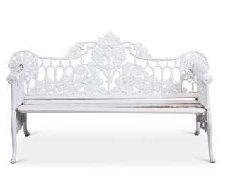 1382 A Victorian Coalbrookdale style painted cast iron garden bench Late 19th century With an oak leaf motif back, wood slat seat, and rolled armrests with dog head hand grips, raised on paw feet 38.5" H x 74" W x 32" D Estimate: $500 - $700