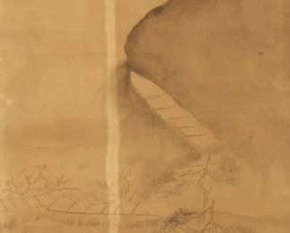 1096 In the style of Katsushika Hokusai (1760-1849) Village scene Watercolor and ink on paper Bears signature and seal of the artist, presumably in another hand, in the lower portion of the right edge Sight: 47.75" H x 18.5" W Estimate: $700 - $900