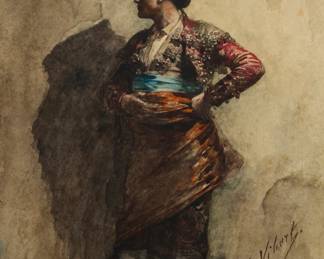 1065 Jehan Georges Vibert (1840-1902) A full-length bullfighter in profile Watercolor on paper Signed lower right: J.G. Vibert Sight: 9.75" H x 6.875" W Estimate: $500 - $700