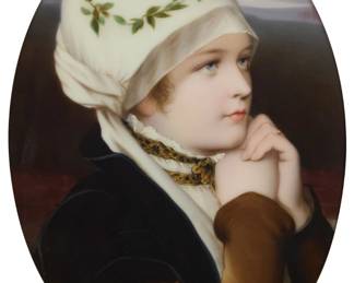 1218 A German painted porcelain portrait plaque Possibly KPM, late 19th/early 20th century After "Im Gebet" by artist Friedrich August von Kaulbach (1850-1920), set in a giltwood frame within a velvet-lined glazed shadow box Sight: 6.25" H x 4.25" W Estimate: $500 - $700