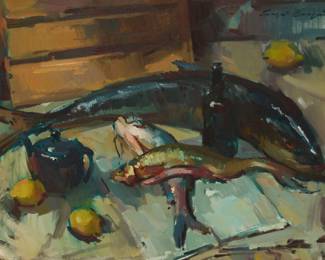 1018 Sergei Bongart (1918-1985) Still life with fish Oil on canvas Signed upper right: Sergei Bongart; inscribed with technical notations in Cyrillic on the stretcher 30.5" H x 40.25" W Estimate: $1,000 - $1,500