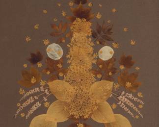 1264 Grace Kelly (1929-1982) Pressed flower composition, 1976 Plant specimens Signed with initials and dated lower right: GPK - 76 Including Queen Anne's lace, lavender, rose leaves, and maple leaves Image: 19.75" H x 15.5" W Estimate: $600 - $800