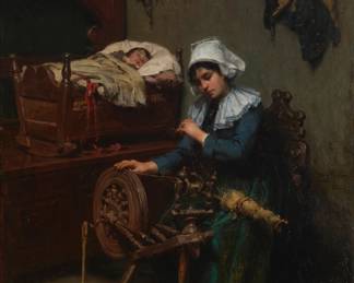 1259 Henry Mosler (1841-1920) "Spinning Wheel," 1885 Oil on canvas laid to Masonite Signed and dated center right: Henry Mosler. / 1885.; titled on a gallery label affixed verso 26.875" H x 22.25" W Estimate: $2,000 - $3,000