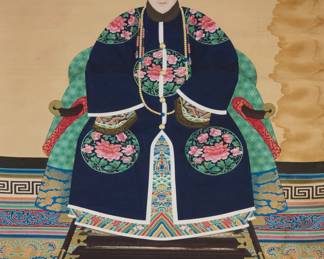 1038 An 18th/19th Century Chinese ancestor portrait of a lady Pigment and gold on fabric mounted to paper Inscribed in characters with red ink, verso Sheet: 67" H x 47" W Estimate: $2,000 - $3,000
