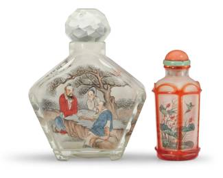 1150 Two Chinese interior painted glass bottles Early 20th century or later Each painted with poetic inscriptions Comprising one snuff bottle decorated with birds and flowers, and a perfume bottle depicting scenes with scholars to each side 2 pieces Snuff: 3.125" H x 1.5" Dia.; Perfume: 4.25" H x 3.25" W x 1.5" D Estimate: $400 - $600