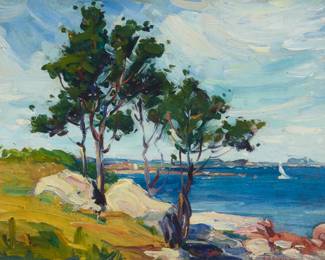 1204 Varaldo Guiseppe (Joseph) Cariani (1891-1969) "Cedars" Oil on panel Signed lower right: V.J. Cariani; titled in ink on a partial label affixed verso, and again on the frame plaque 8" H x 10" W Estimate: $2,000 - $3,000