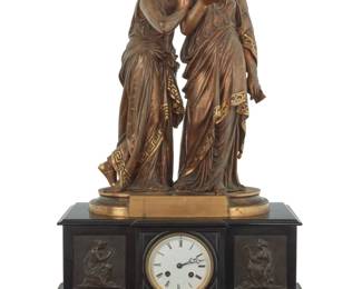 1079 A French patinated bronze figural mantel clock After Jean-Louis Grégoire (1840-1890), early 20th century Base of bronze marked in the casting: L. Gregoire. / Société Des Bronzes; dial impressed: JAPY FRERES CIE / EXPÉDITION GRANDE D'HONNEUR Depicting two maidens, raised on a black marble base centered by the white enamel dial with Roman chapters and twin train movement Overall: 26.25" H x 17.5" W x 9.25" D; Bronze: 18.5" H x 12.5" W x 6" D Estimate: $2,500 - $3,500