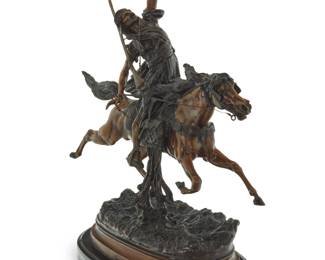 1280 Prosper Lecourtier (1855-1924) "Fantasia Arabe" Patinated bronze on marble and hardstone base Signed in the casting: P Lecourtier Overall: 35.25" H x 27.5" W x 14.25" D Estimate: $2,000 - $3,000